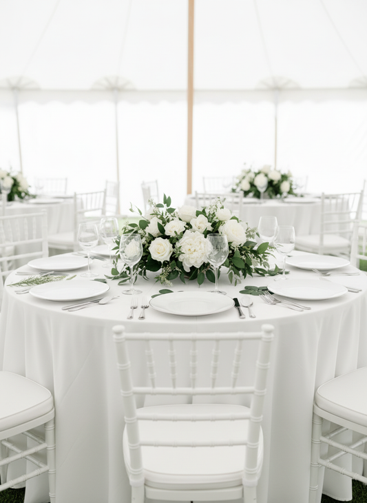 Bright white tent wedding