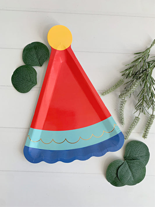 Bright red and blue party hat paper plates