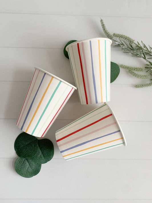 Colorful Striped Paper Cups - Set of 8 Birthday Party Cups 12 oz