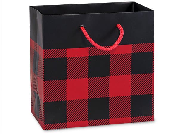 Black and red plaid gift bag with a handle on a white background