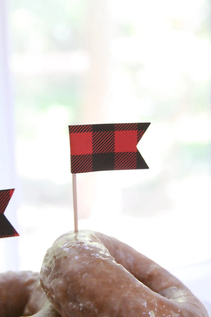 Buffalo Plaid Cupcake Toppers - Red Black Lumberjack Party Picks