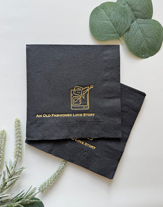 Old Fashioned Romance Cocktail Napkins Black & Gold - Set of 16