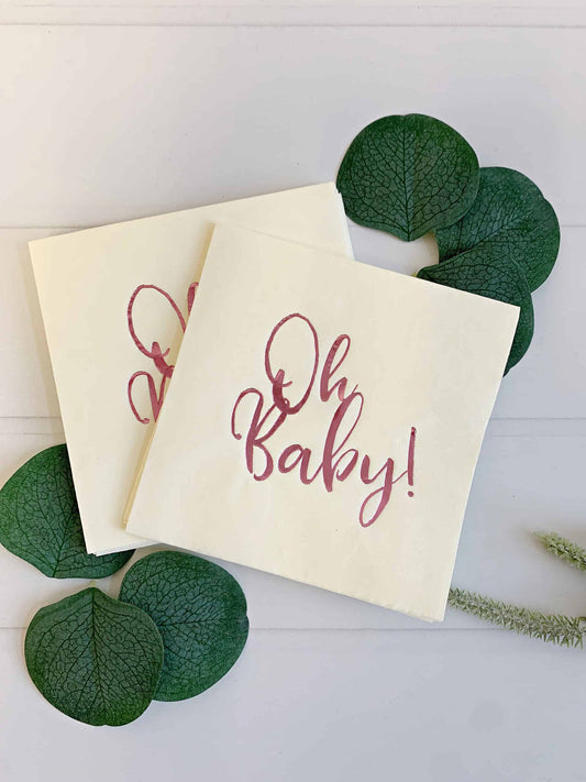 Celebrate in style with our beautiful pink foil "Oh Baby" napkins, perfect for adding a touch of elegance to your little girl's baby shower! These ecru-colored cocktail napkins feature a stunning pink foil "Oh Baby" design