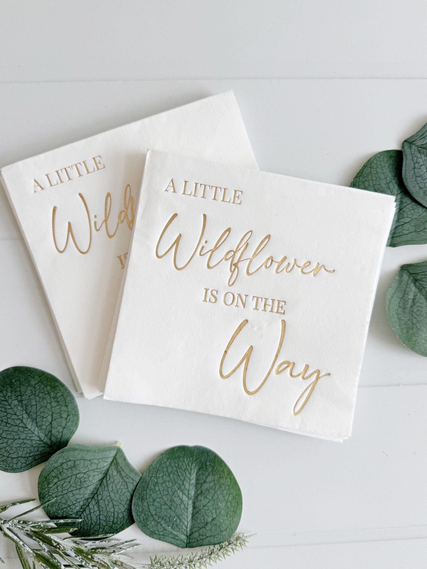 A Little Wildflower is On the Way - Gold on White Cocktail Napkins