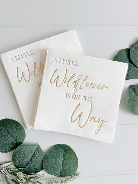 A Little Wildflower is On the Way - Gold on White Cocktail Napkins