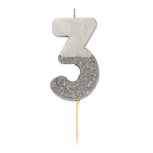 Number 3 Birthday Candle - Silver Glitter | Cake Topper