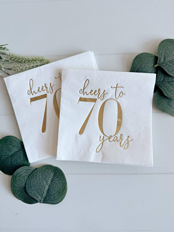Cheers to 70 Years Cocktail Napkins – White & Gold Foil | EnFete Party