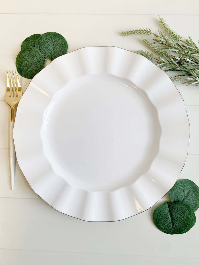 11" White with Gold Edge Hard Plastic Dinner Plate | EnFete Party