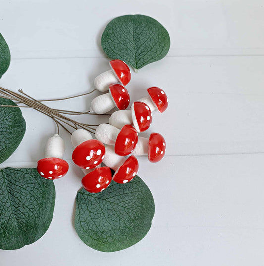 Mini Red Mushroom Picks 10 Pack - Spun Cotton Toadstool Decorations for Wreaths & Crafts