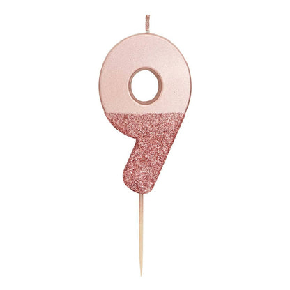 Number 9 Birthday Candle - Rose Gold Glitter | Cake Topper