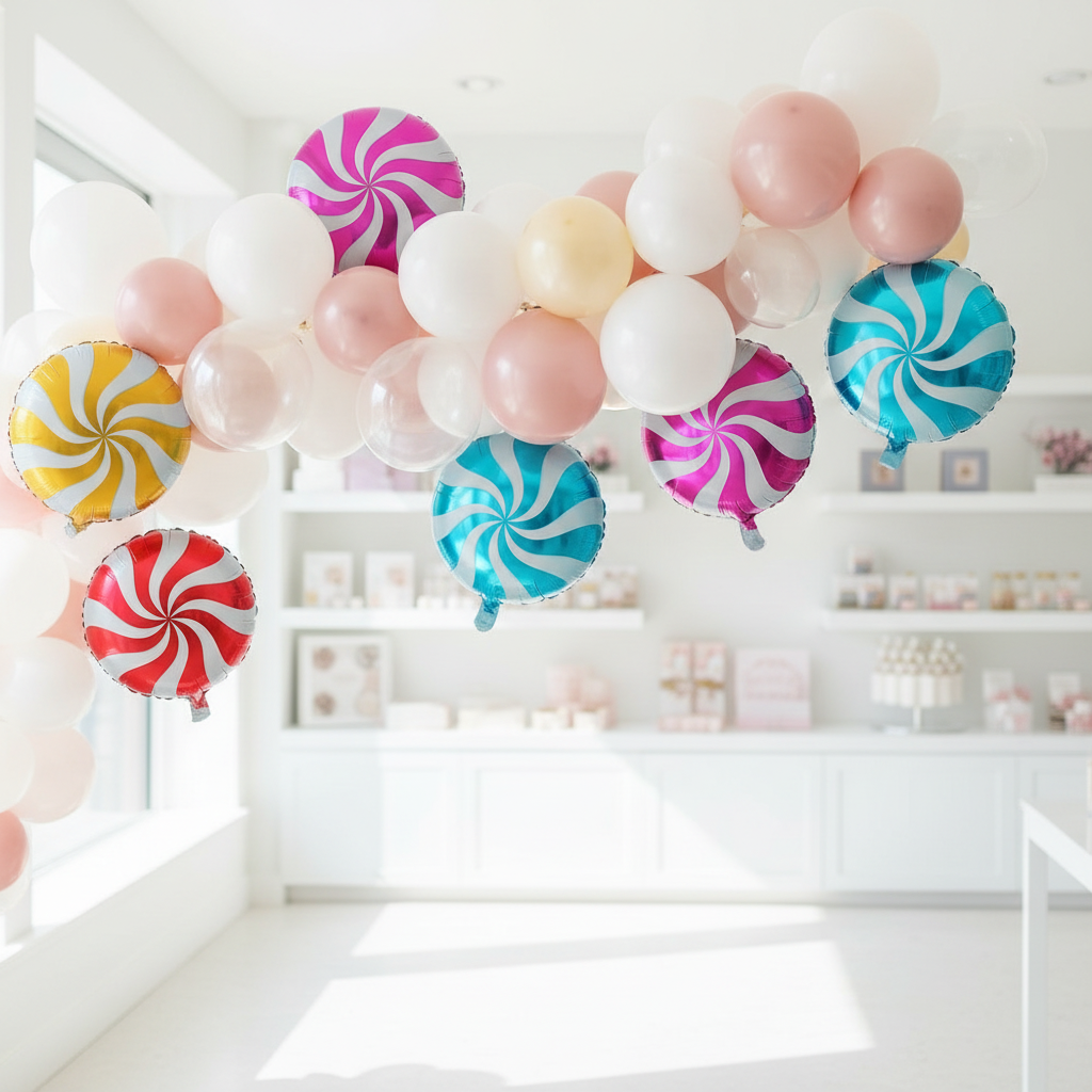 Candy Swirl Balloons Integrated in Organic Garland - Natural Angles