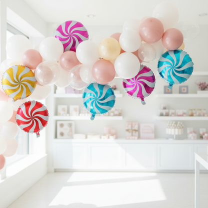 Candy Swirl Balloons Integrated in Organic Garland - Natural Angles