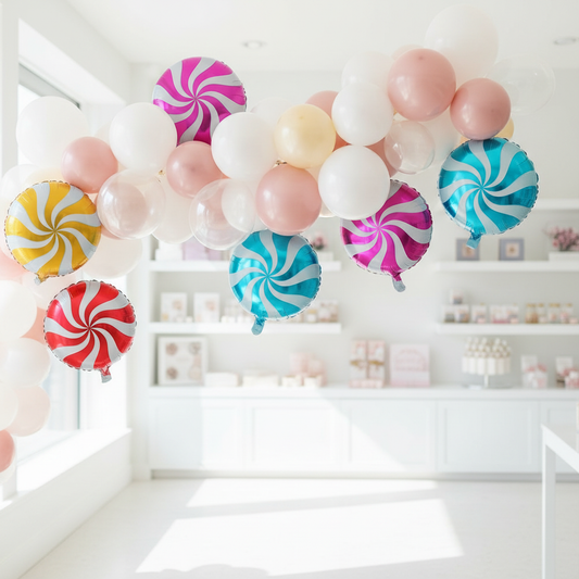 Candy Swirl Balloons Integrated in Organic Garland - Natural Angles