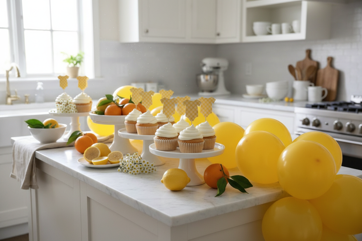 Casual counter setup with citrus and balloons