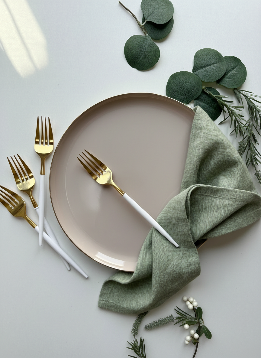 Casual elegant Christmas table setting with plates, utensils, and eucalyptus napkins