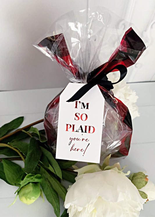 I'm So Plaid You're Here Favor Tags - Red Buffalo Plaid Christmas Party Decor (10 Pack)