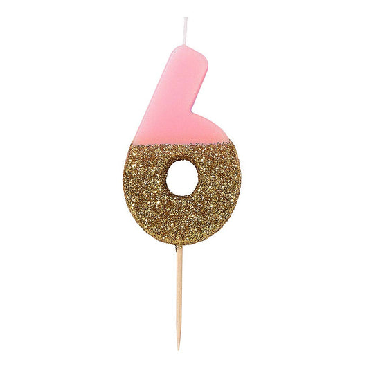Number 6 Birthday Candle - Pink & Gold Glitter - 6th 16th 60th 66th Birthday Cake Topper