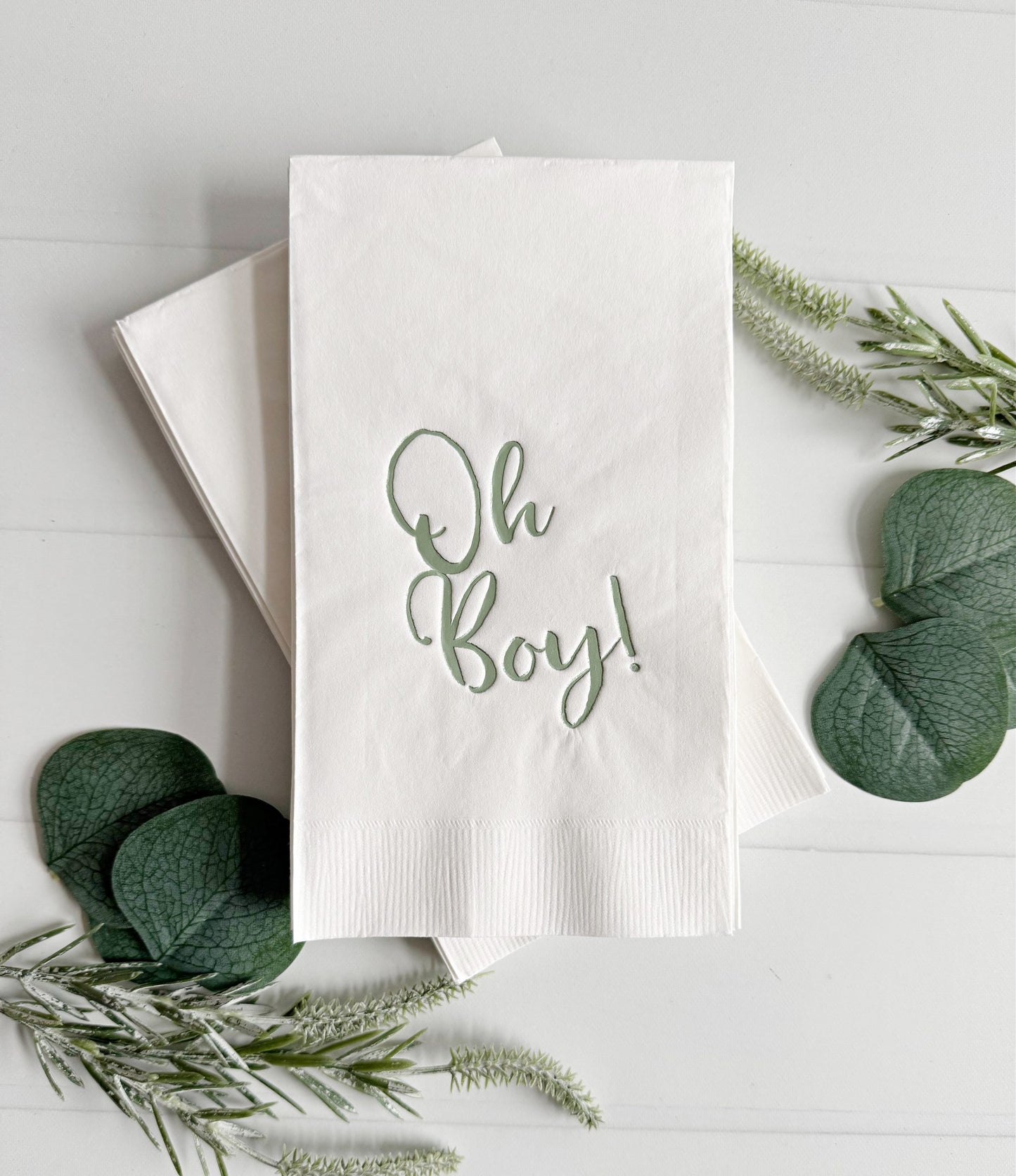 Oh Boy! Sage on White Baby Shower Dinner Napkins | Decorations for Baby Shower | Guest Towels