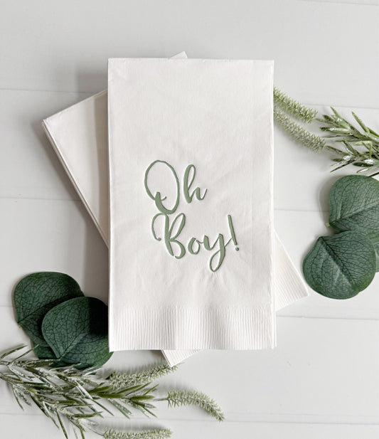 Oh Boy! Sage on White Baby Shower Dinner Napkins | Decorations for Baby Shower | Guest Towels