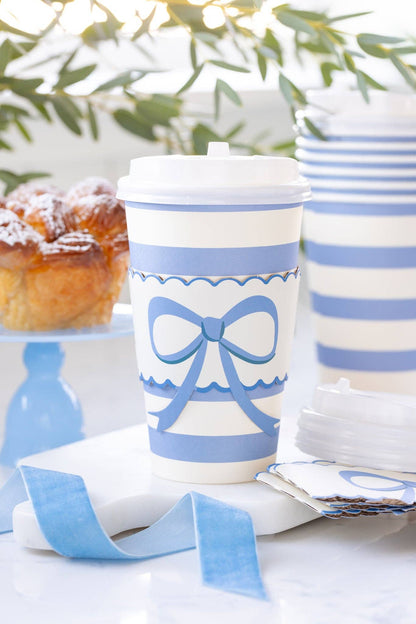 Blue Bow and Scallop Ribbon Paper Coffee Cups, Lids and Tops