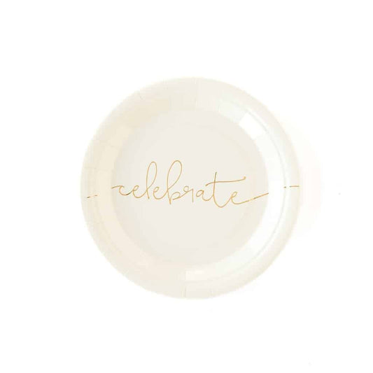 cream and gold celebrate plates for cake and other desserts perfect for engagements, retirements, New Year's Eve