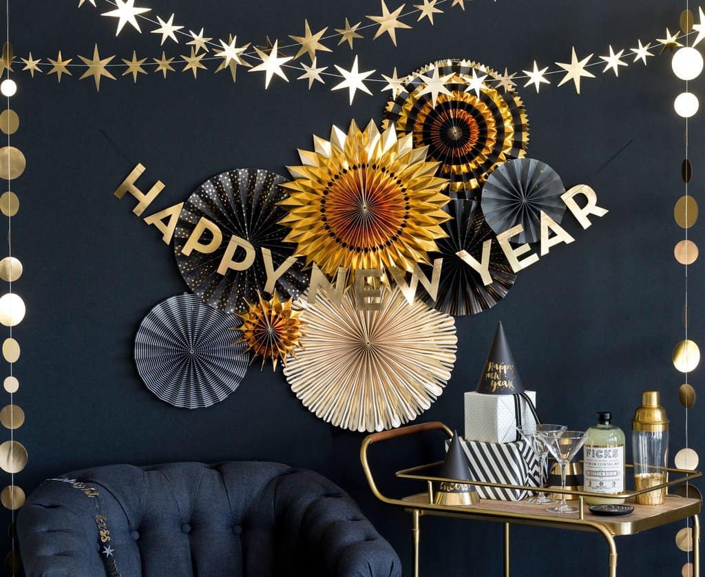 celestial stars and moons banner for NYE 2020, twinkle twinkle little star party and moon and stars baby shower with NYE party hats
