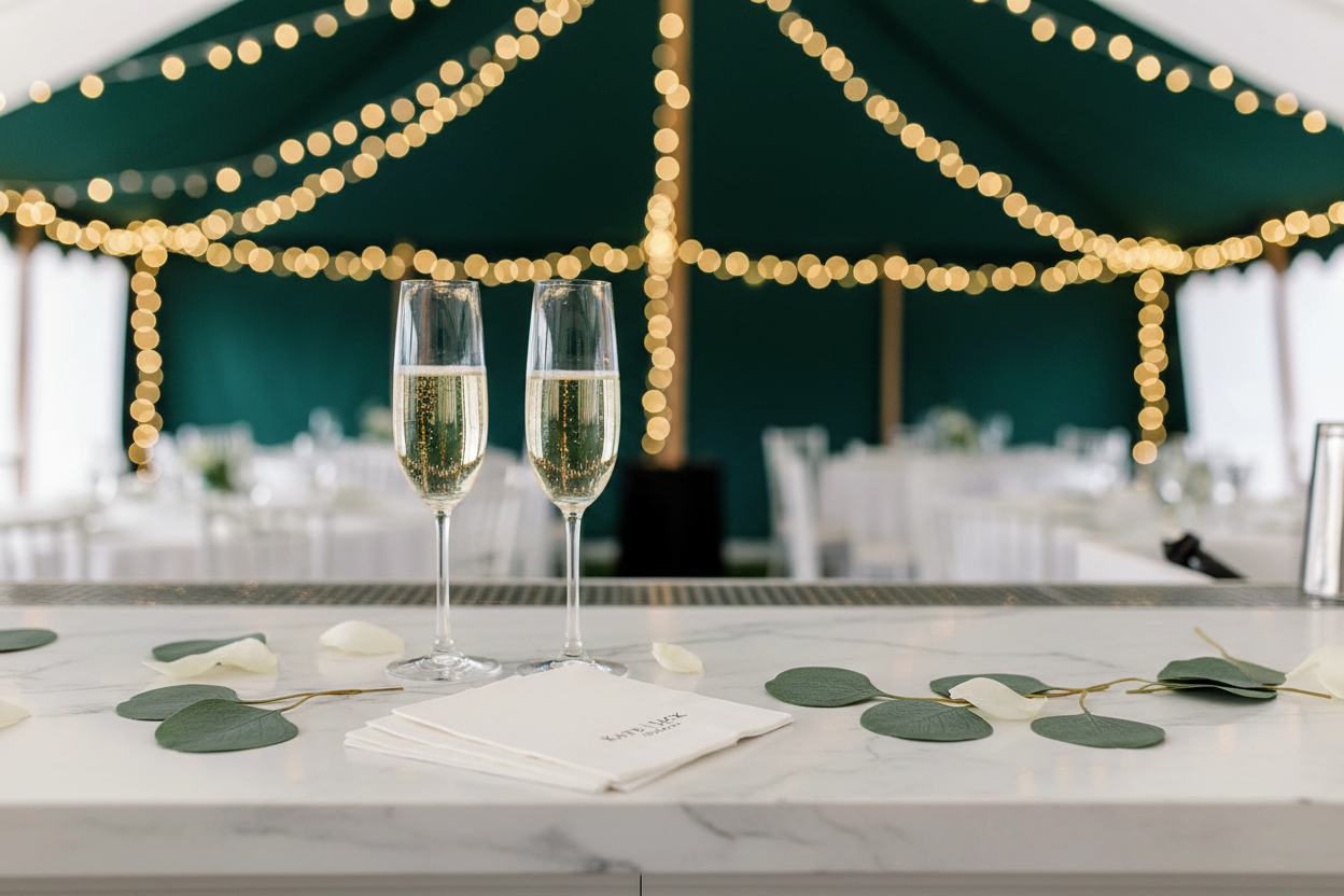 Champagne flutes close-up with personalized napkins
