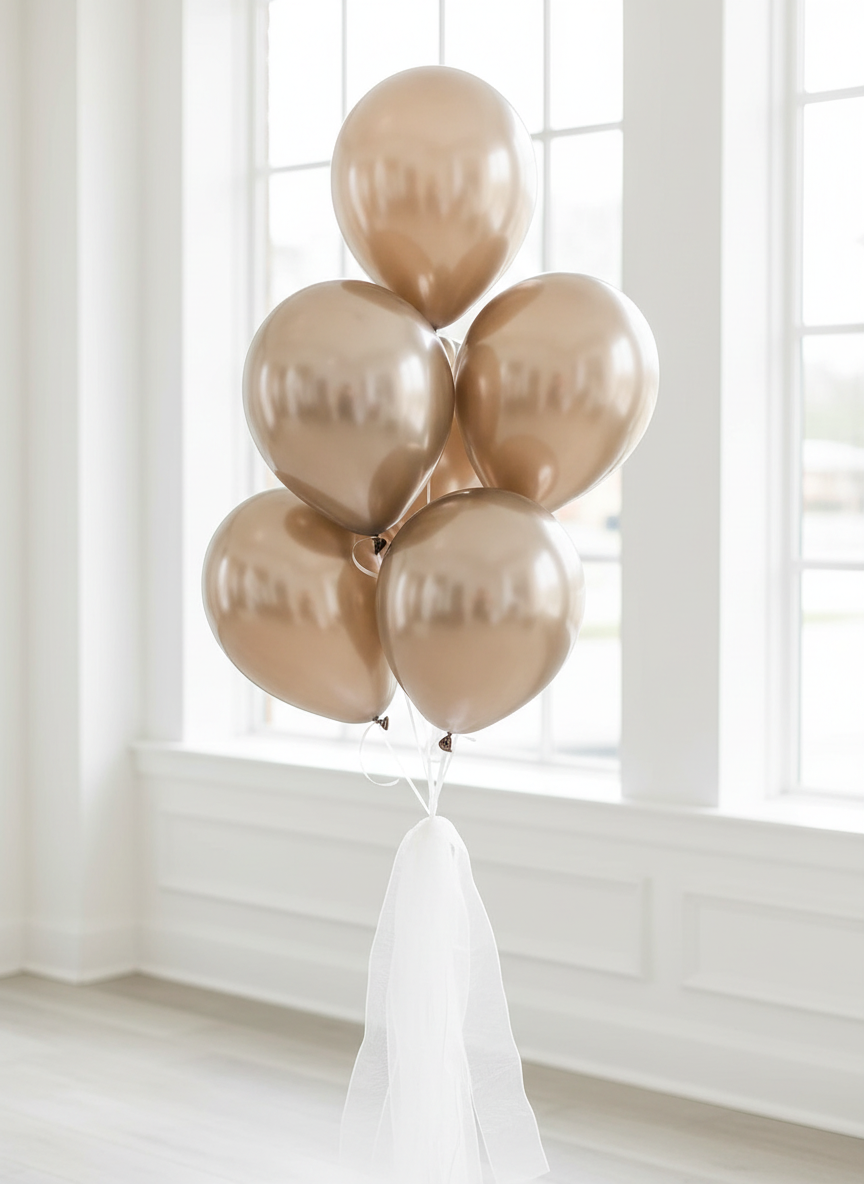 Champagne gold chrome balloon bouquet with white organza ribbons