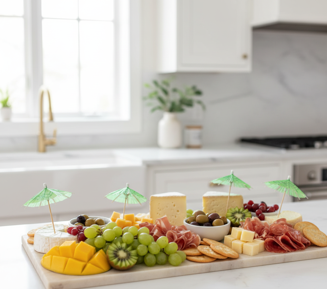 Charcuterie board with umbrella picks
