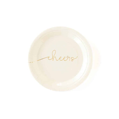 Cheers cake plates in ivory with gold script cheers. Perfect for retirements, engagement party, anniversaries and more.
