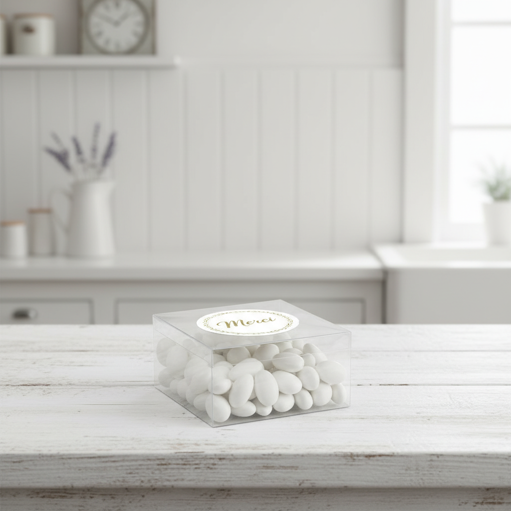 Clear donut box with party favors and sticker