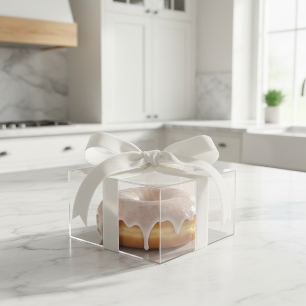 Clear donut box with single glazed donut and white velvet ribbon