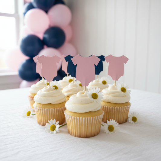 Close-up cupcakes with toppers and daisies