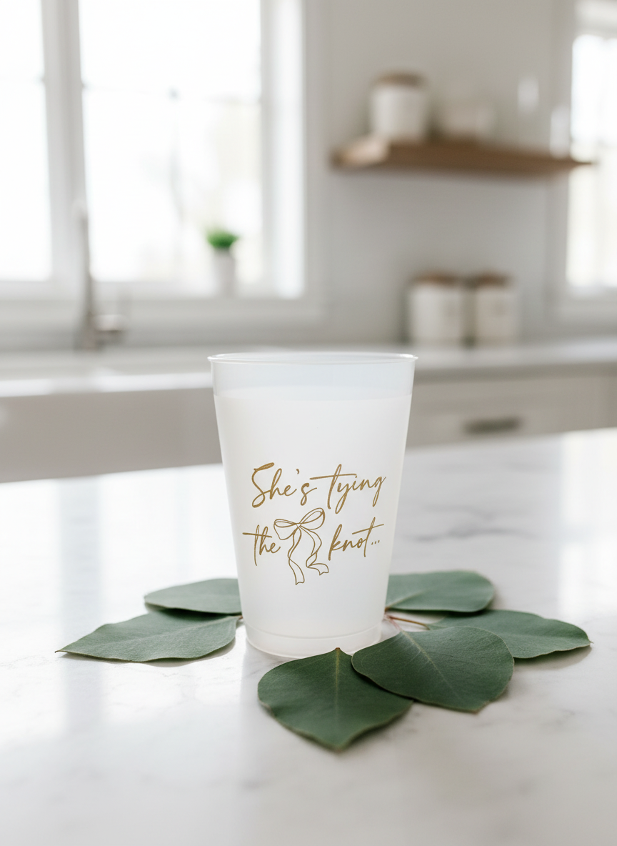 Close-up gold foil cup detail shes tying the knot cups by EnFete gold on frosted cups