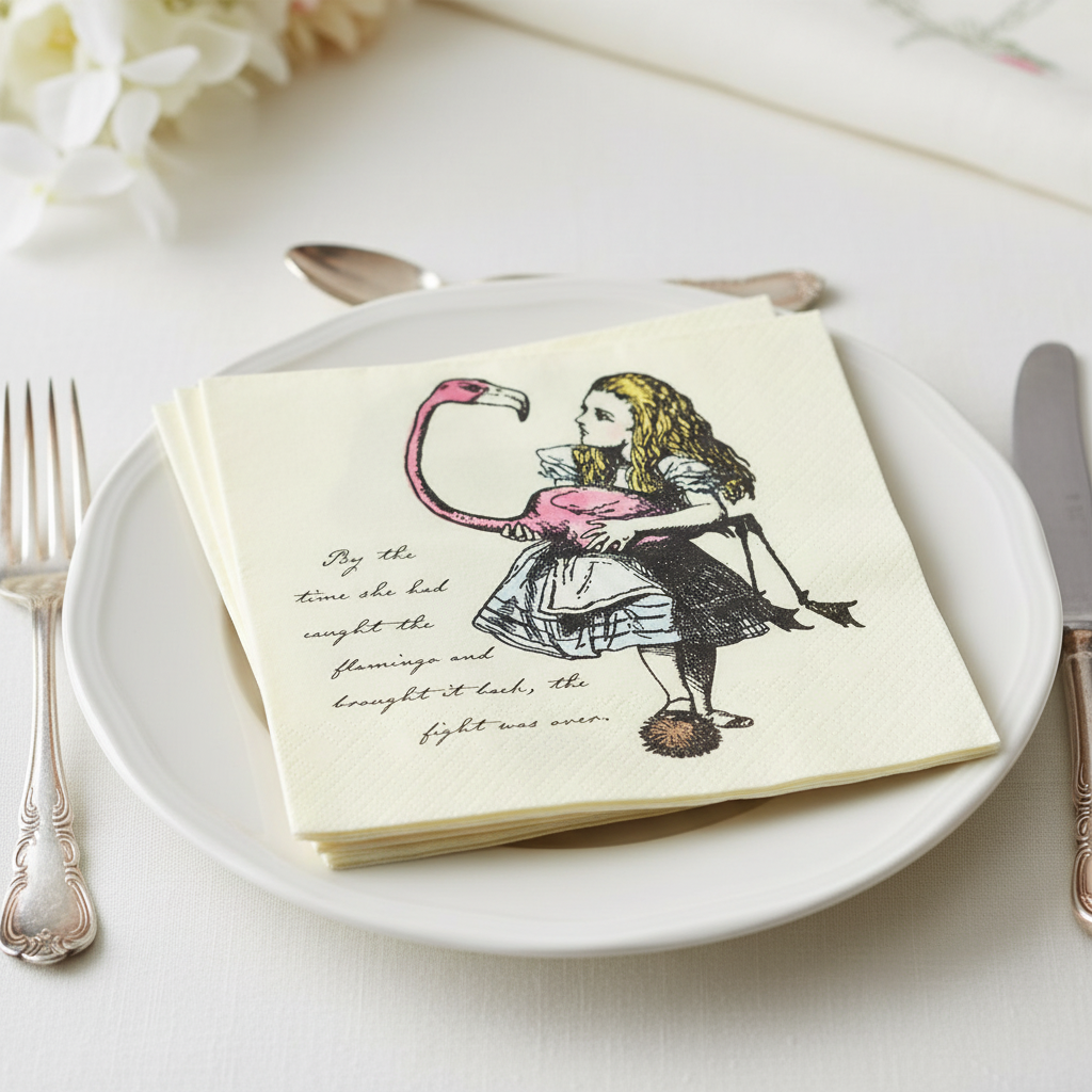 Close-up of Alice in Wonderland napkins on plate