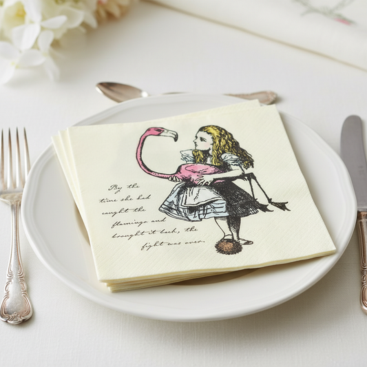 Close-up of Alice in Wonderland napkins on plate