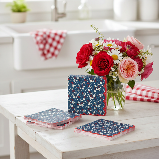 Close-up of blue floral napkins with wildflowers
