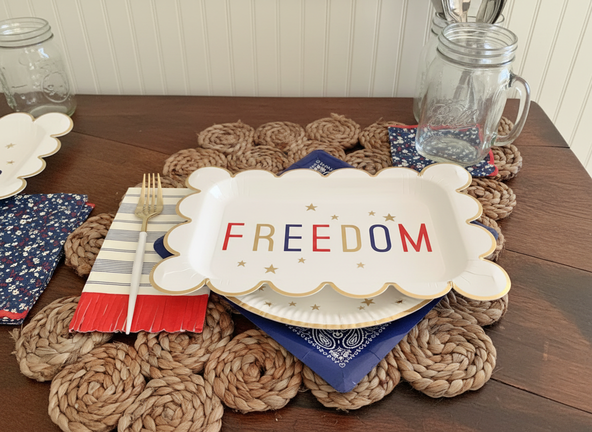 Close-up of Freedom plates with napkins