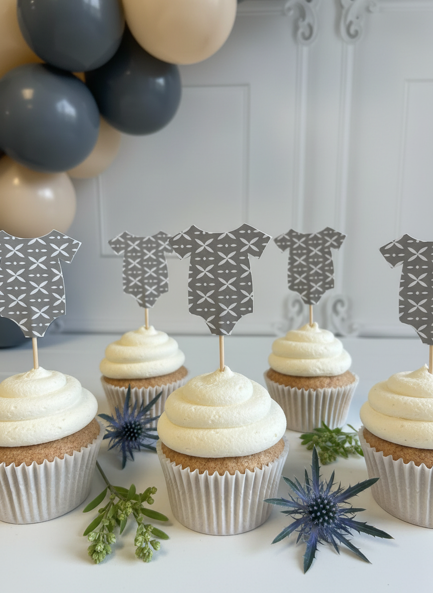 Close-up of onesie toppers on cupcakes