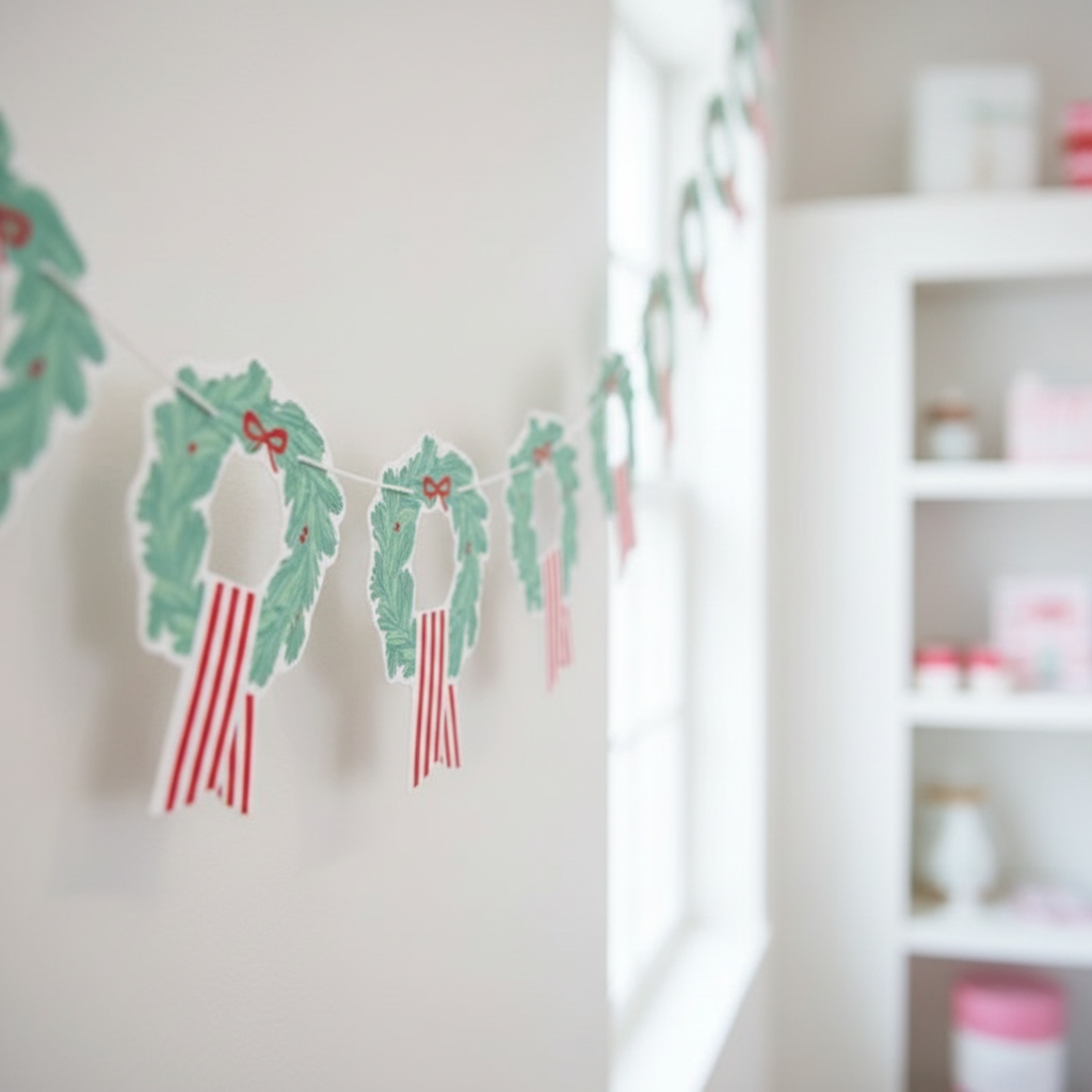 Close-up of wreaths and candy cane flags portion of banner
