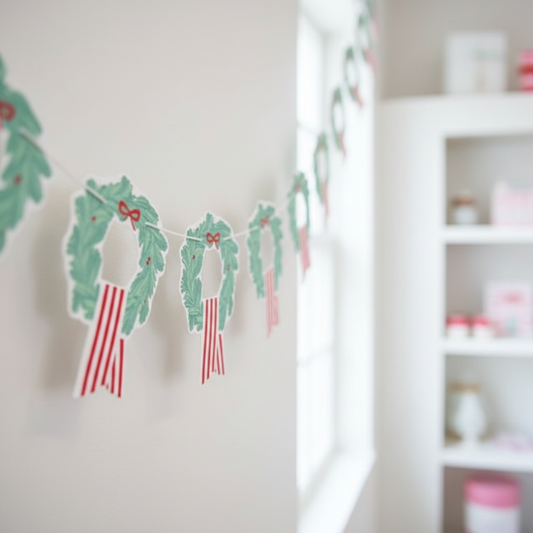 Close-up of wreaths and candy cane flags portion of banner