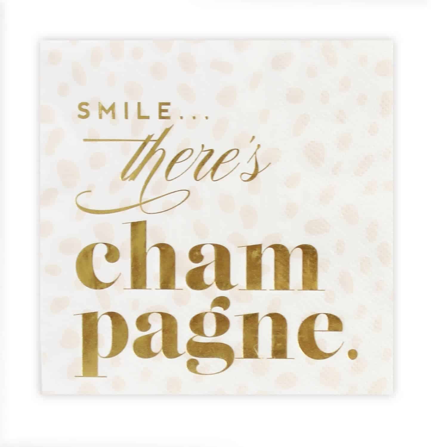 These are sweet and sophisticated gold on a subtle beige leopard print paper cocktail napkins. A sassy animal print background with sweet metallic gold foil 'Smile there's Champagne."