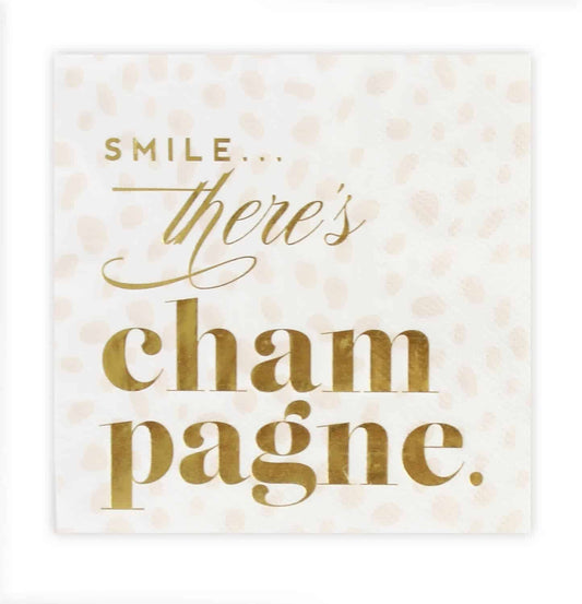 These are sweet and sophisticated gold on a subtle beige leopard print paper cocktail napkins. A sassy animal print background with sweet metallic gold foil 'Smile there's Champagne."