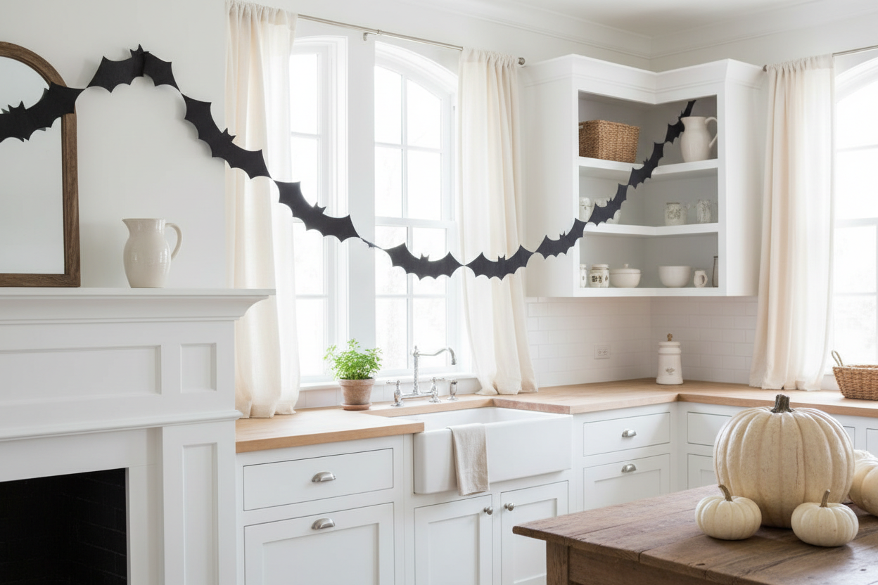 Continuous felt bat garland in kitchen