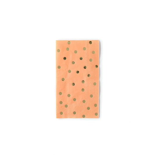 Coral dinner napkins with gold polka dots