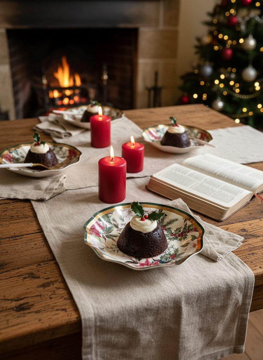 Cozy Country Christmas Scene with Poinsettia Dessert Bowls