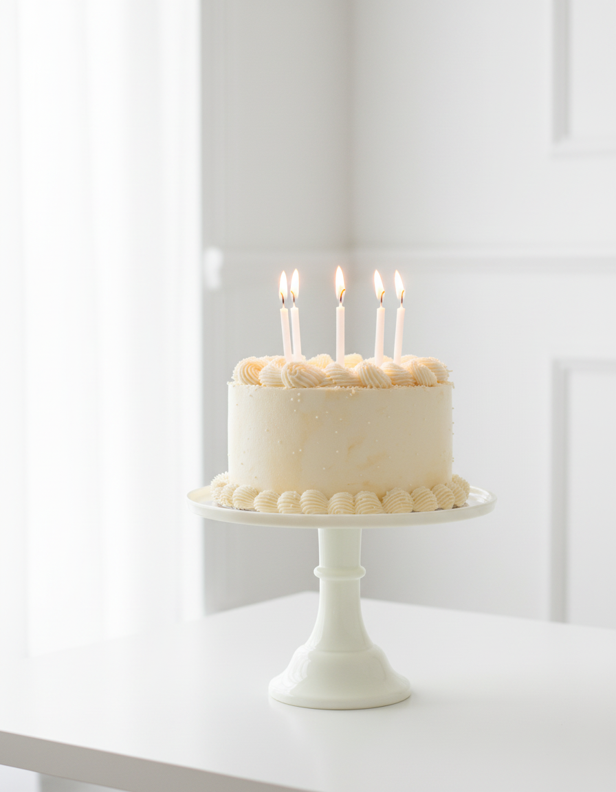 Cream Melamine Cake Stand with Cake and Candles in Bright White Room