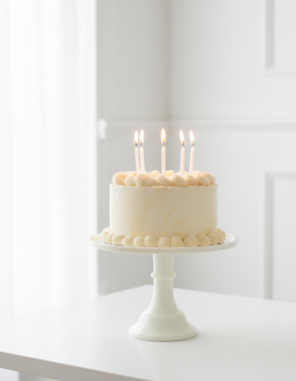 Cream Melamine Cake Stand with Cake and Candles in Bright White Room