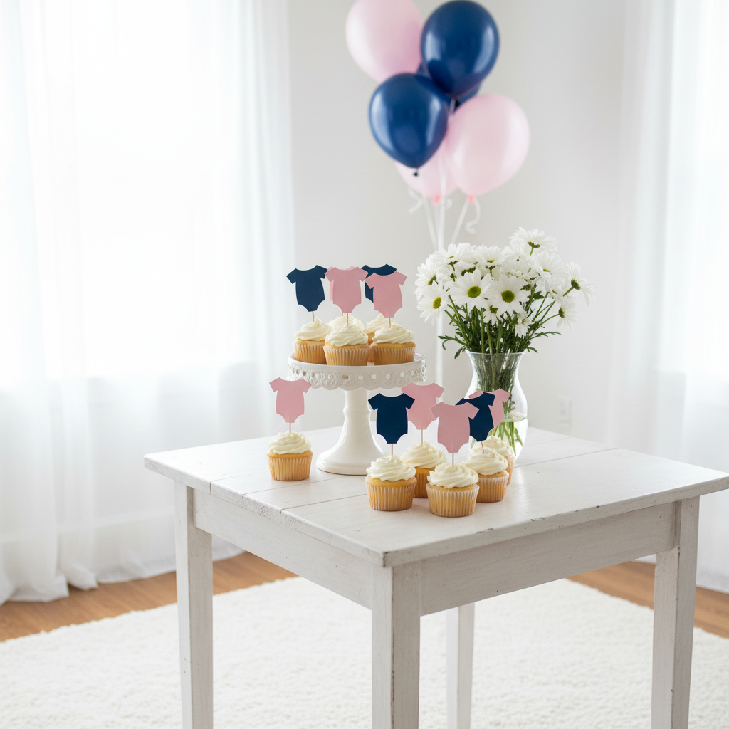 Cupcake toppers on cake stand with daisies
