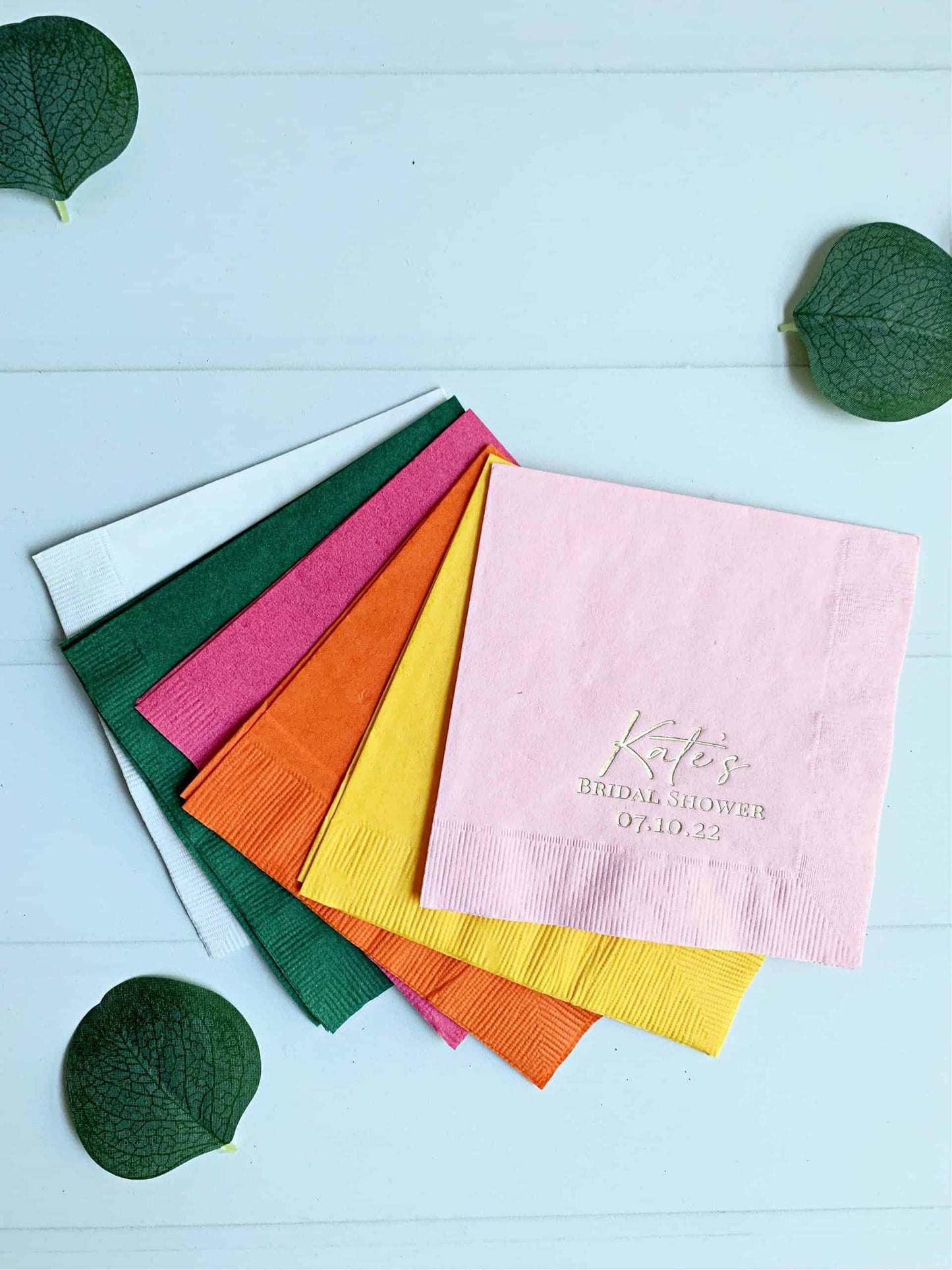 Personalized wedding, bridal shower and baby shower napkins from Enfete in a range of colors and foil options.